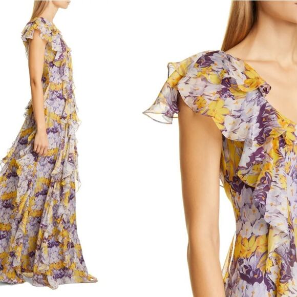 Flor et al Valles Floral Silk Chiffon Gown Ruffle Maxi Dress 100% silk size 2 - Picture 3 of 16